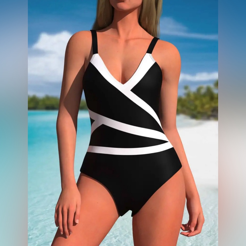 Black & White Color Block V Neck One-piece Swimsuit